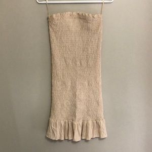 Strapless, tight scrunched material beige and white stripped mini dress